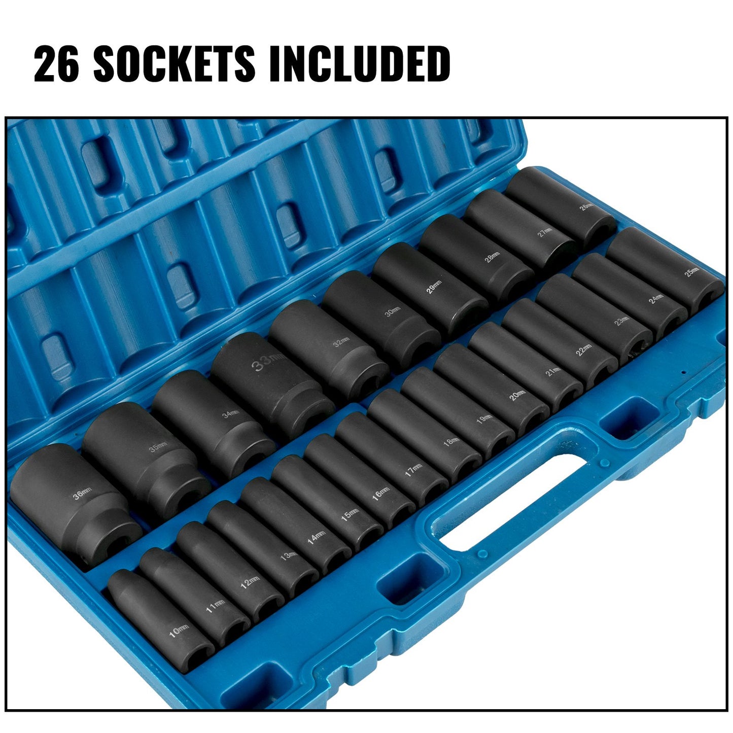 Impact Socket Set, 1/2" 26 Piece Impact Sockets, Deep Socket, 6-Point Sockets, 1/2 Inches Drive Socket Set Impact Metric 10mm - 36mm, Cr-V Rugged Construction, with a Storage Cage