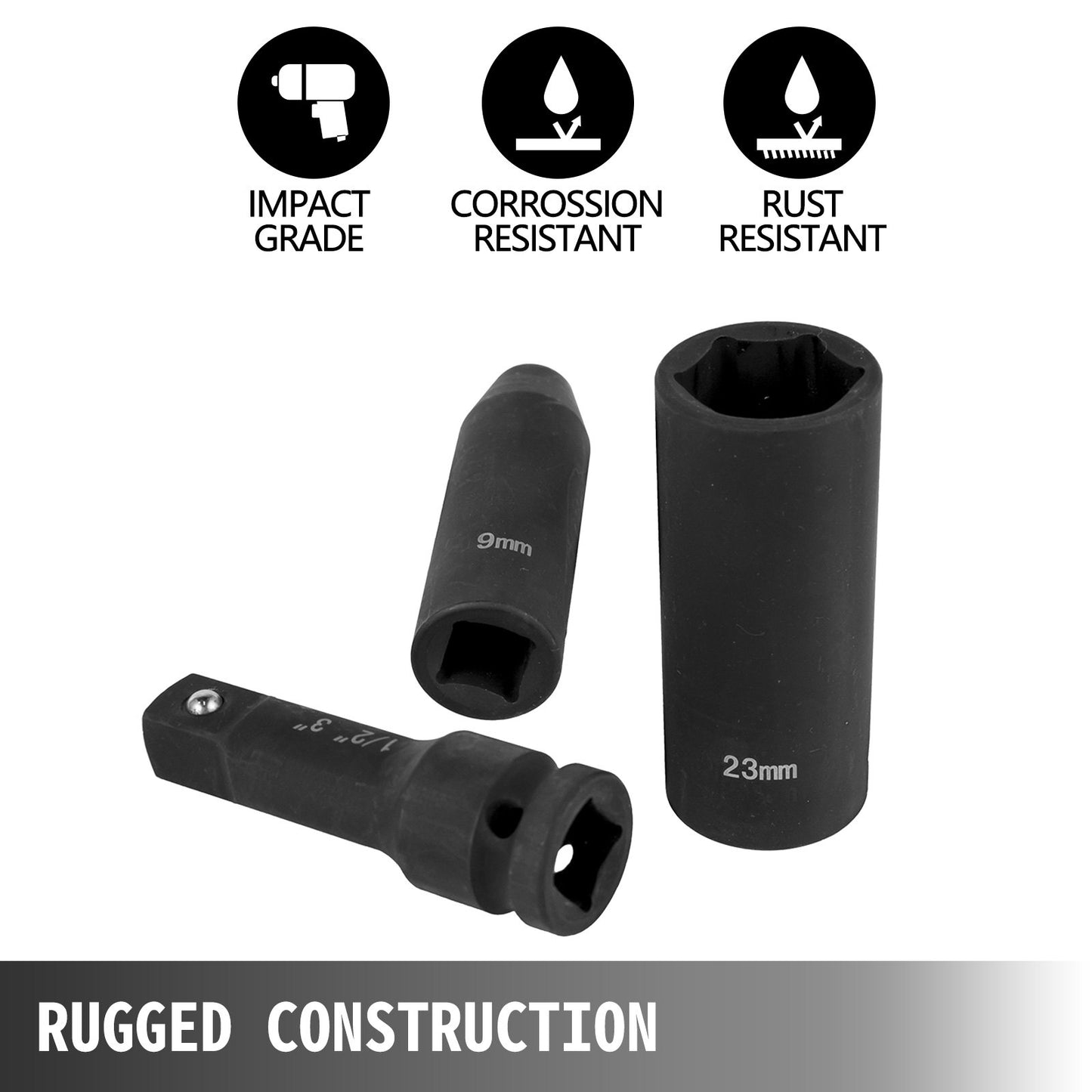 Impact Socket Set 1/2 Inches 43 Piece Impact Sockets, Standard Socket Assortment, 1/2 Inches Drive Socket Set 6-Point Sockets Metric 9-30mm (Standard/Deep)
