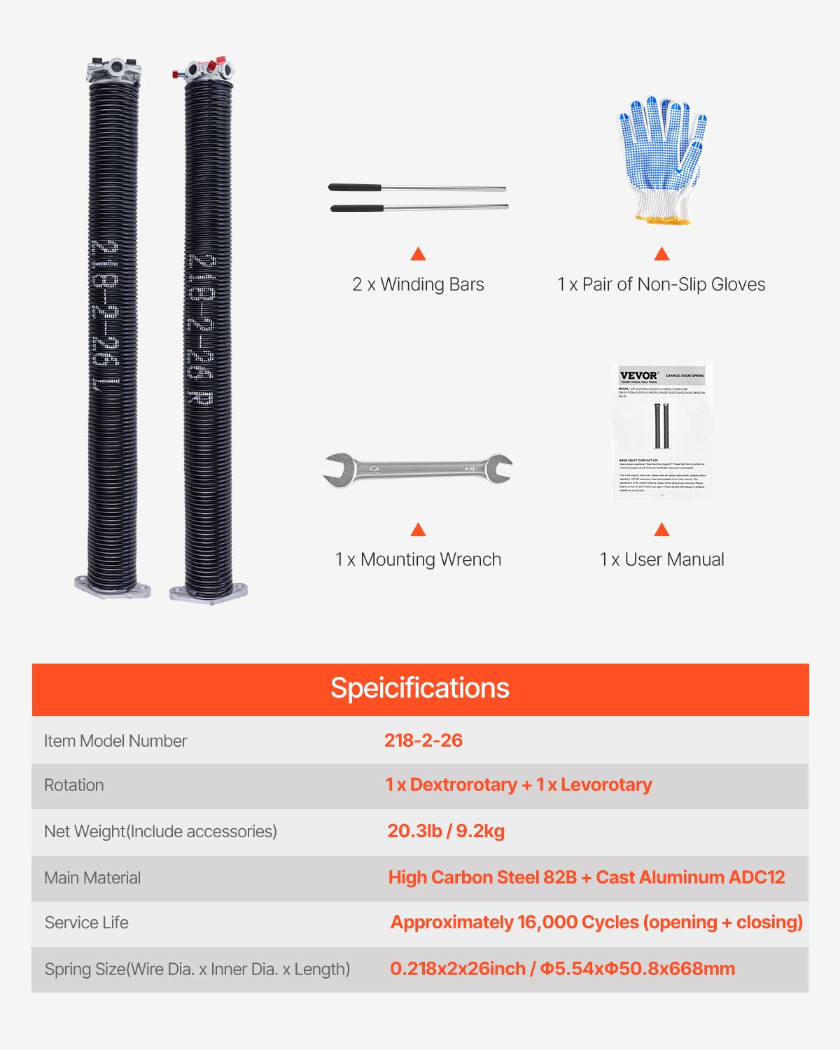 Garage Door Torsion Springs, Pair of 0.218 x 2 x 26 in, 16000 Cycles, Electrophoresis Black Coated for Replacement, Garage Door Springs with Non-Slip Winding Bars, Gloves and Mounting Wrench