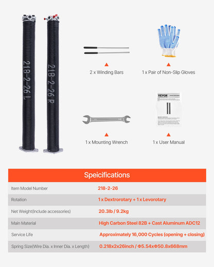 Garage Door Torsion Springs, Pair of 0.218 x 2 x 26 in, 16000 Cycles, Electrophoresis Black Coated for Replacement, Garage Door Springs with Non-Slip Winding Bars, Gloves and Mounting Wrench