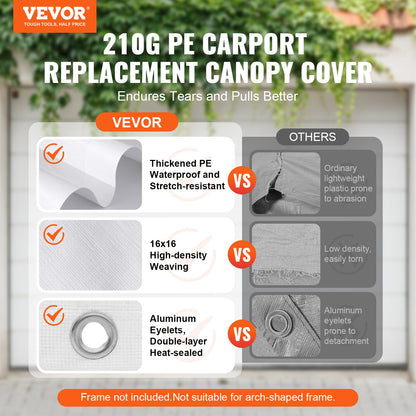 Carport med reservtält 6100 x 3040 mm, Garagetältpresenning, Kraftig, Vattentät och UV-skyddad, Enkel installation med kulband, Vit (Endast toppskydd, ram ingår ej)