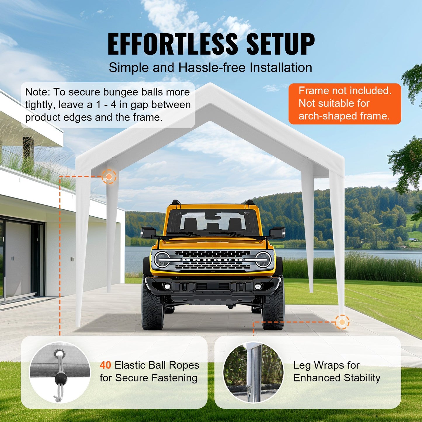 Carport med reservtält 6100 x 3040 mm, Garagetältpresenning, Kraftig, Vattentät och UV-skyddad, Enkel installation med kulband, Vit (Endast toppskydd, ram ingår ej)