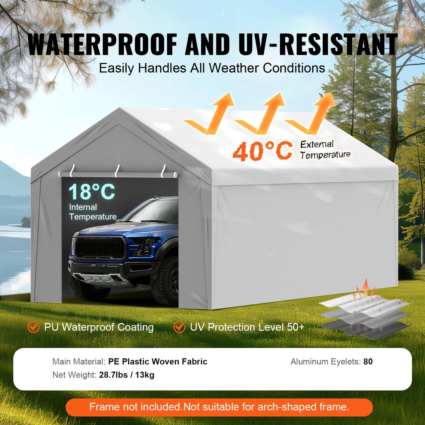 Carport med reservtak, topp + sidovägg, 6000 x 3000 mm, garagetält, kraftig, vattentät och UV-skyddad, enkel installation med kulspännen, vit (ram ingår ej)