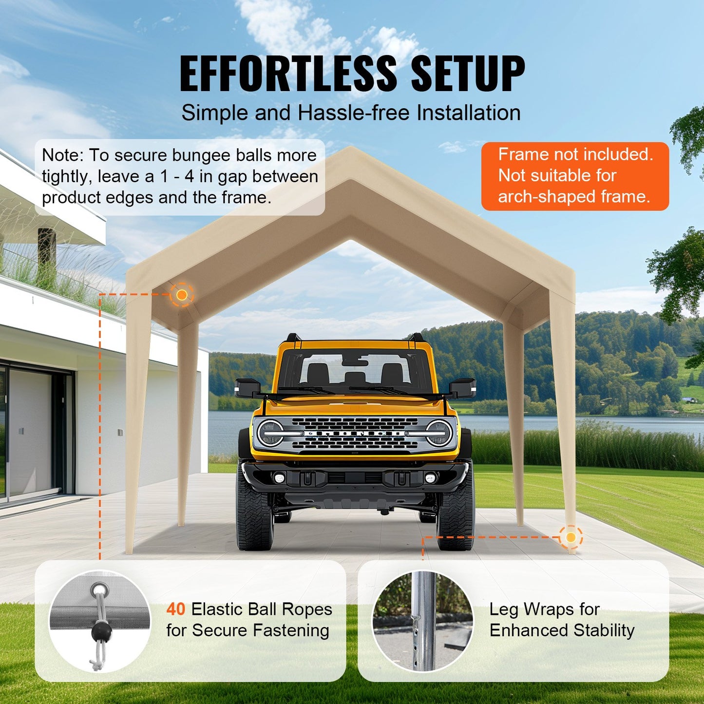 Carportöverdrag, 3,5 x 6,5 m, kraftfullt överdrag för garagetält, vattentätt och UV-skyddat, enkel installation med kulband, beige (endast överdrag, ram ingår ej)