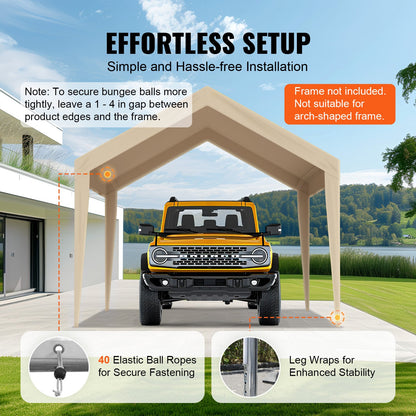 Carportöverdrag, 3,5 x 6,5 m, kraftfullt överdrag för garagetält, vattentätt och UV-skyddat, enkel installation med kulband, beige (endast överdrag, ram ingår ej)