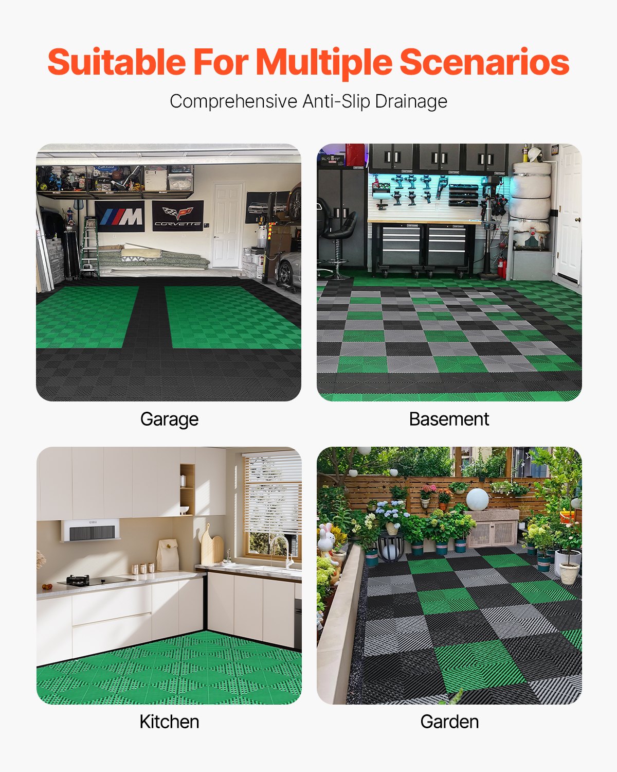 Interlocking Drainage Mat, 50 Pcs Modular Interlocking Cushion, 12” x 12” Splicing Drainage Mats, Non-Slip Green PP Drainage Floor Tile and Shower Mat, for Garage, Garden, Kitchen & Outdoor