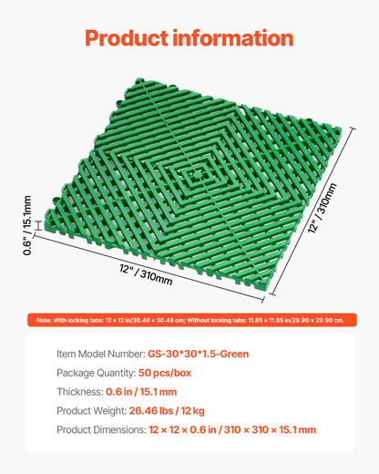 Interlocking Drainage Mat, 50 Pcs Modular Interlocking Cushion, 12” x 12” Splicing Drainage Mats, Non-Slip Green PP Drainage Floor Tile and Shower Mat, for Garage, Garden, Kitchen & Outdoor