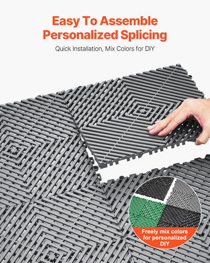 Interlocking Drainage Mat, 12” x 12” Modular Interlocking Cushion, 12 Pcs Splicing Drainage Mats, Non-Slip Gray PP Drainage Floor Tile and Shower Mat, for Garage, Garden, Kitchen & Outdoor