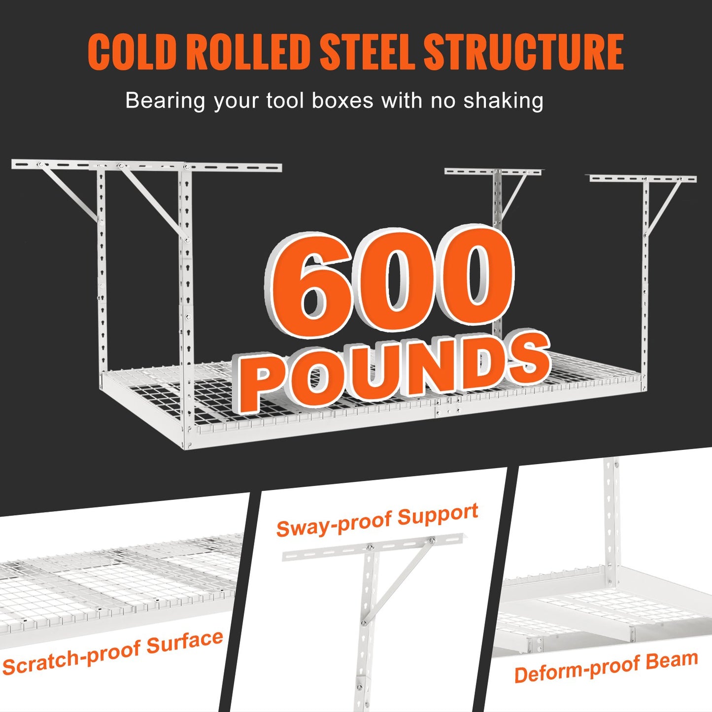 Overhead Garage Storage Rack, 48x96 inch Garage Ceiling Storage Racks, Heavy Duty Adjustable Cold Rolled Steel Racks for Garage Storage, Organization, 600 lbs Load Capacity, 22''-40", White