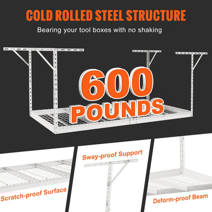 Overhead Garage Storage Rack, 48x96 inch Garage Ceiling Storage Racks, Heavy Duty Adjustable Cold Rolled Steel Racks for Garage Storage, Organization, 600 lbs Load Capacity, 22''-40", White