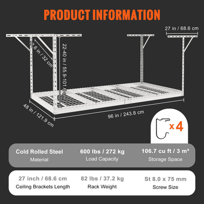 Overhead Garage Storage Rack, 48x96 inch Garage Ceiling Storage Racks, Heavy Duty Adjustable Cold Rolled Steel Racks for Garage Storage, Organization, 600 lbs Load Capacity, 22''-40", White