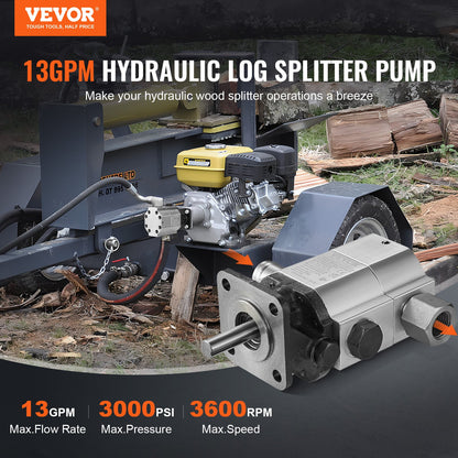Hydraulic Log Splitter Pump, 13GPM, 2 Stage 3000PSI Wood Log Splitter Pump, 1'' Inlet 1/2'' NPT Outlet 3600 RPM Aluminum Hydraulic Gear Pump, for Small Engine Mounting Log Splitters Snowplow