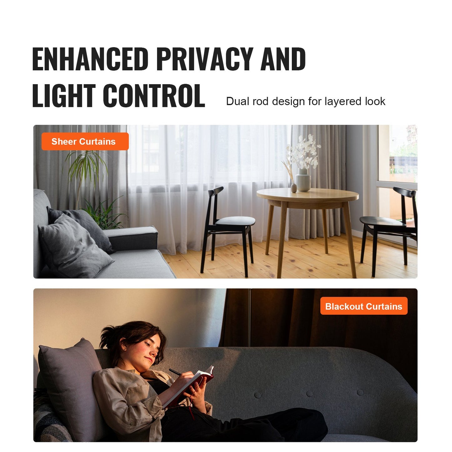 Double Rod Curtain Rods, 91.4-182.9 cm Adjustable Length, Black Double Curtain Rods with Round Finials, 2.5 cm and 1.9 cm Diameter, Double Window Drapery Rod for Sheer and Blackout Curtains