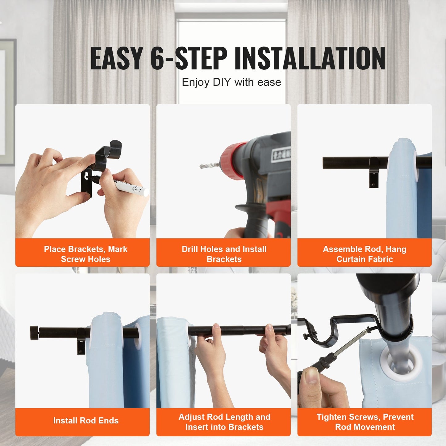 Double Rod Curtain Rods, 36-72 inches(3-6ft) Adjustable Length, Black Double Curtain Rods with Cap Finials, 1" and 3/4" Diameter, Double Window Drapery Rod for Sheer and Blackout Curtains