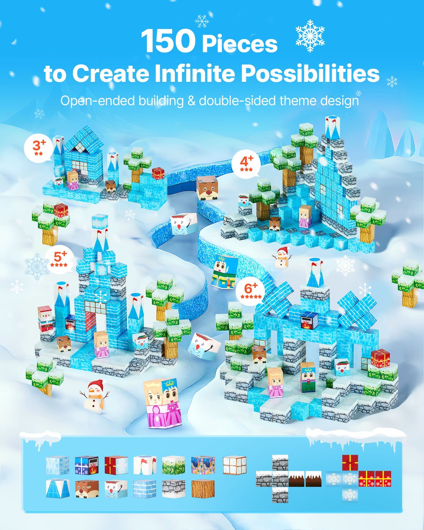 Magnetic Blocks, 150 PCS Glacier Castle Set, Magnetic Building Cubes for Kids, STEM Montessori Sensory Toys for Christmas Birthday Gift, Construction Stacking Toy for 3+ Years Old Boys & Girls