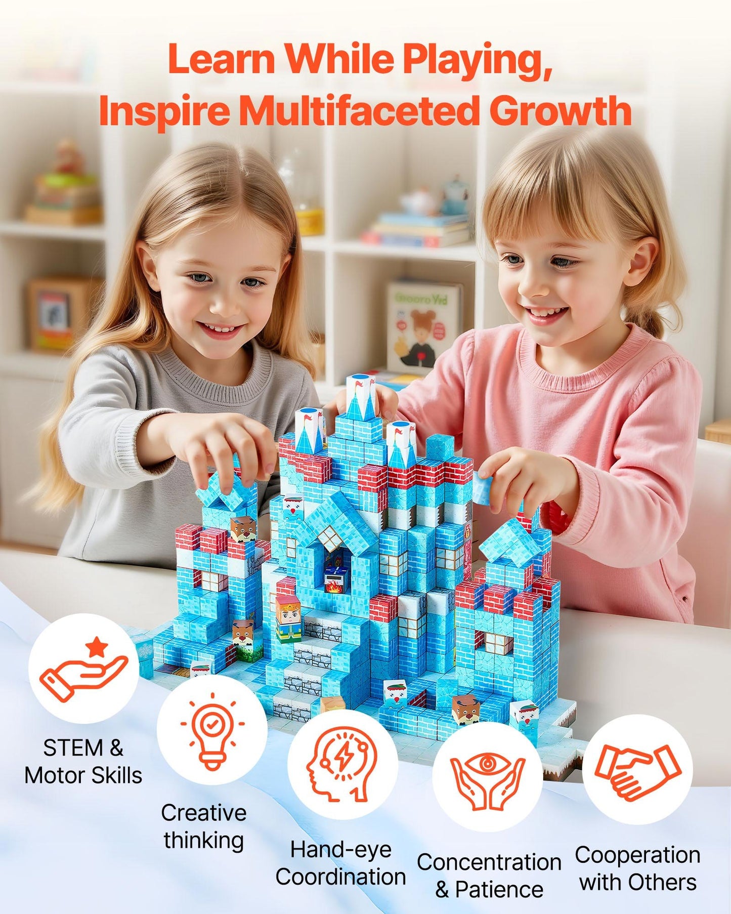 Magnetic Blocks, 150 PCS Glacier Castle Set, Magnetic Building Cubes for Kids, STEM Montessori Sensory Toys for Christmas Birthday Gift, Construction Stacking Toy for 3+ Years Old Boys & Girls