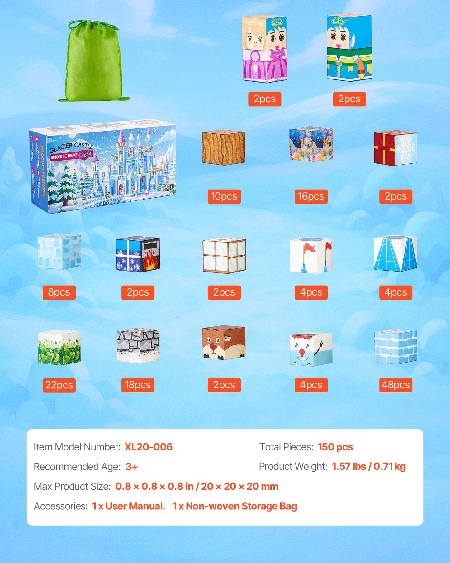 Magnetic Blocks, 150 PCS Glacier Castle Set, Magnetic Building Cubes for Kids, STEM Montessori Sensory Toys for Christmas Birthday Gift, Construction Stacking Toy for 3+ Years Old Boys & Girls