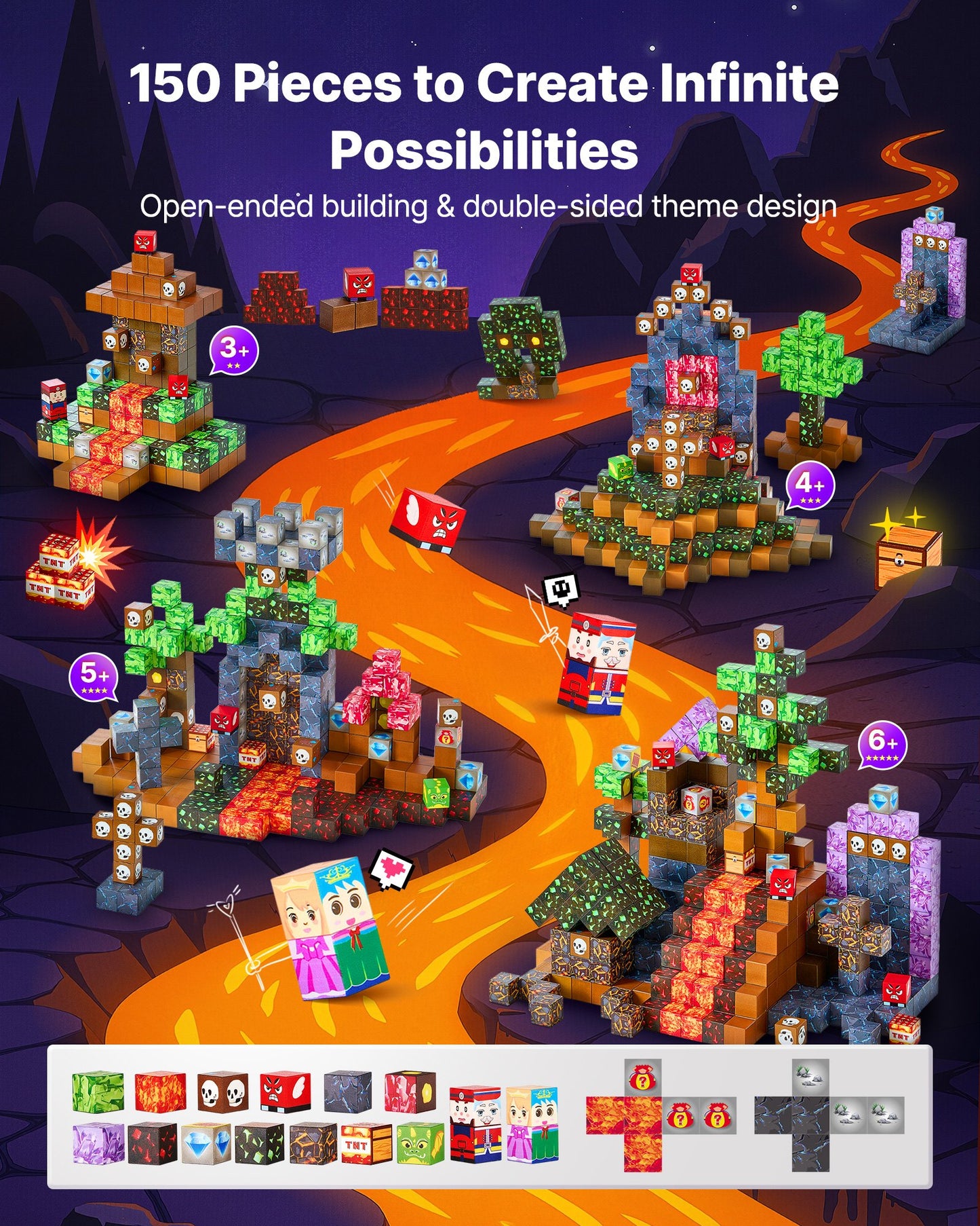 Magnetic Blocks, 150 PCS Dark Castle Set, Magnetic Building Cubes for Kids, STEM Montessori Sensory Toys for Christmas Birthday Gift, Construction Stacking Toy for 3+ Years Old Boys & Girls