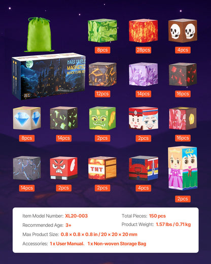 Magnetic Blocks, 150 PCS Dark Castle Set, Magnetic Building Cubes for Kids, STEM Montessori Sensory Toys for Christmas Birthday Gift, Construction Stacking Toy for 3+ Years Old Boys & Girls