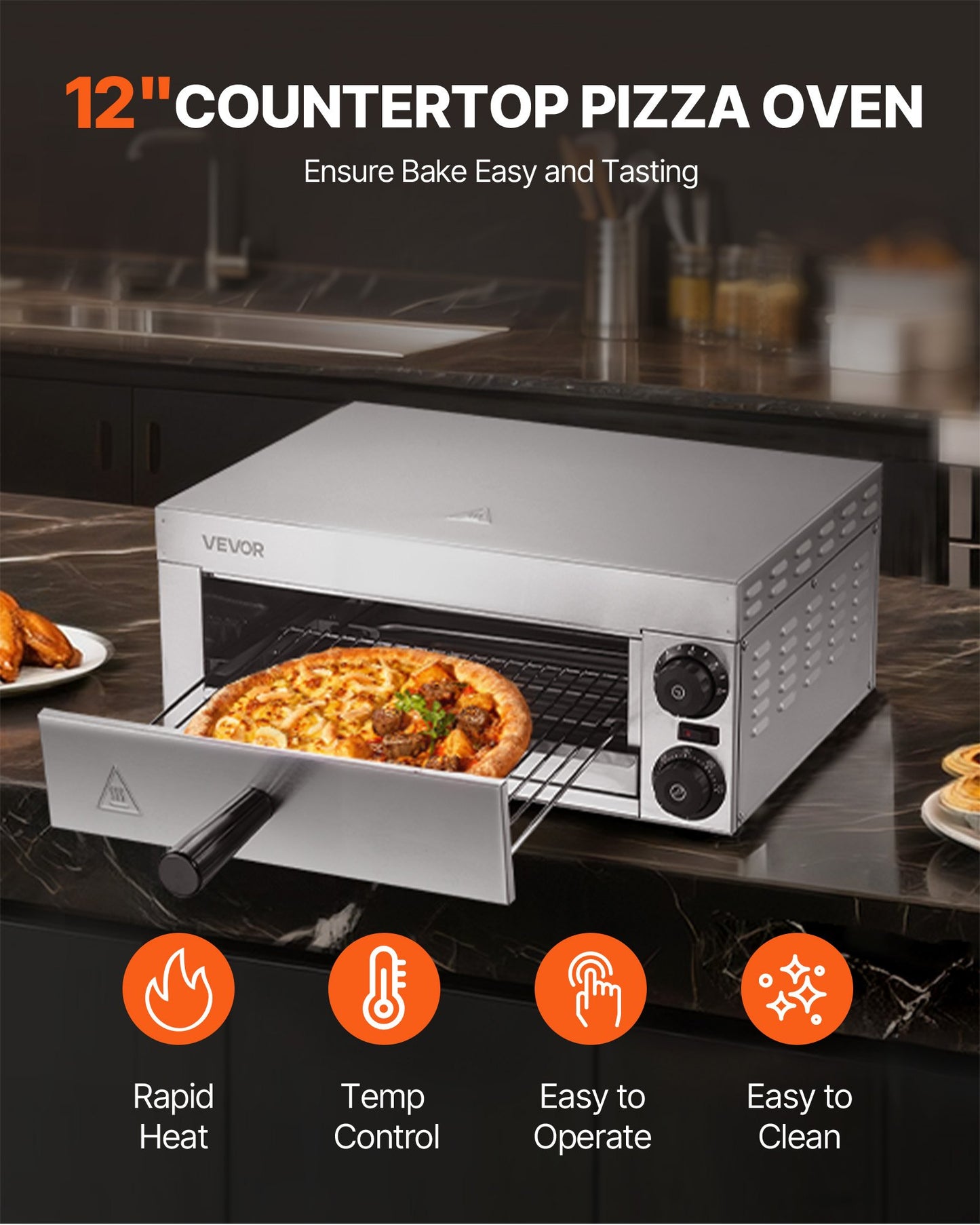 Electric Pizza Oven for Countertops, 12-inch, 1500W, with Temp Control & 0-60 Min Timer, Even Baking Technology & Easy Clean Crumb Tray, Ideal for Both Commercial & Home Kitchens