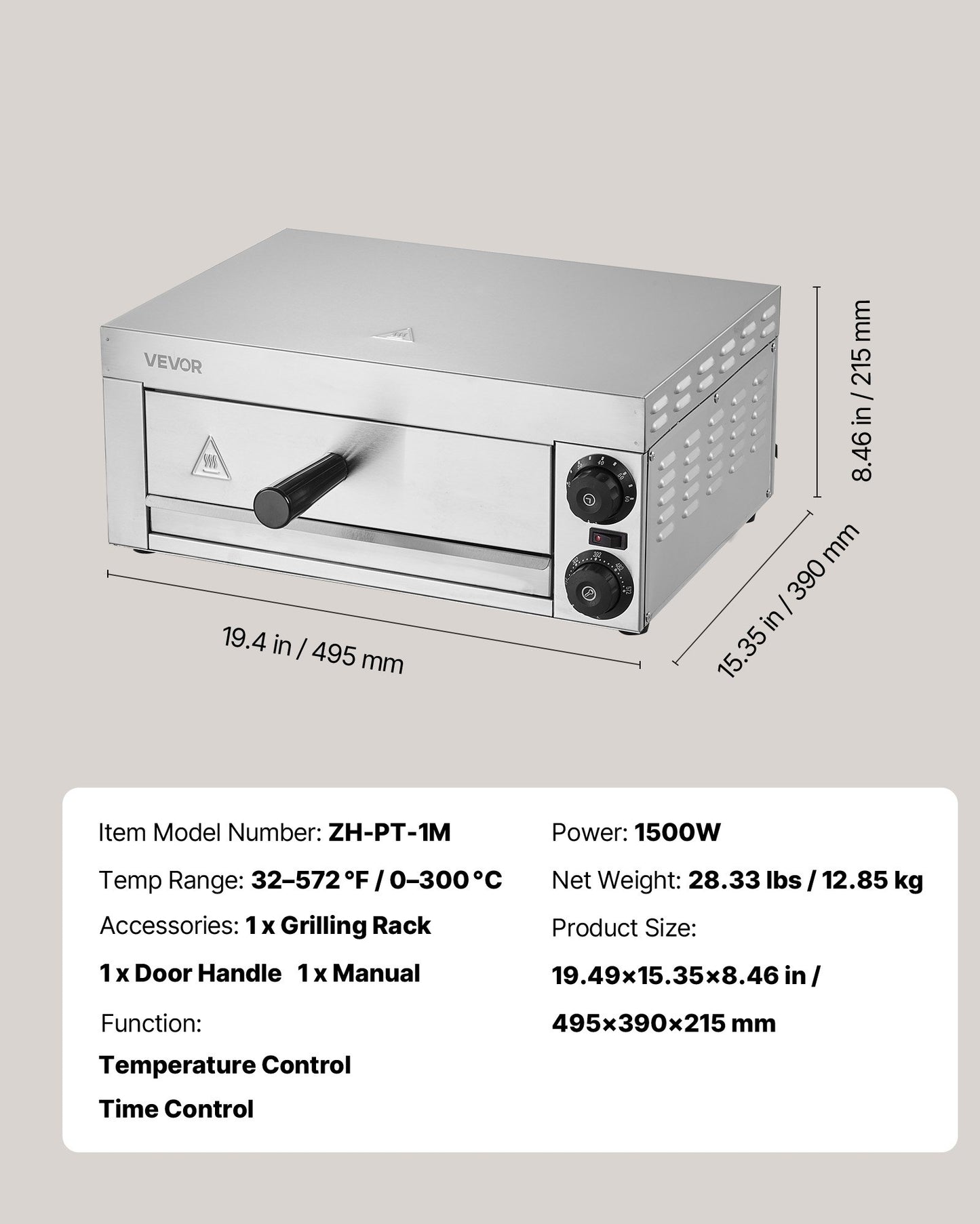 Electric Pizza Oven for Countertops, 12-inch, 1500W, with Temp Control & 0-60 Min Timer, Even Baking Technology & Easy Clean Crumb Tray, Ideal for Both Commercial & Home Kitchens