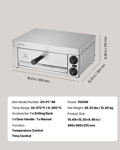 Electric Pizza Oven for Countertops, 12-inch, 1500W, with Temp Control & 0-60 Min Timer, Even Baking Technology & Easy Clean Crumb Tray, Ideal for Both Commercial & Home Kitchens