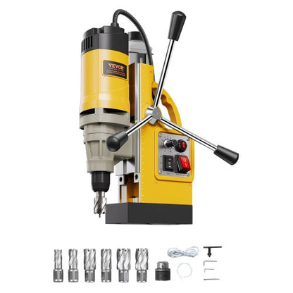 Magnetic Drill, 1400W Motor 2 in Boring Diameter, 2878 lbf Electric Mag Drill Press, with 6 Coring Bits, Variable Speed, Drilling Machine for Metal Surface, Home Improvement Industry, Yellow