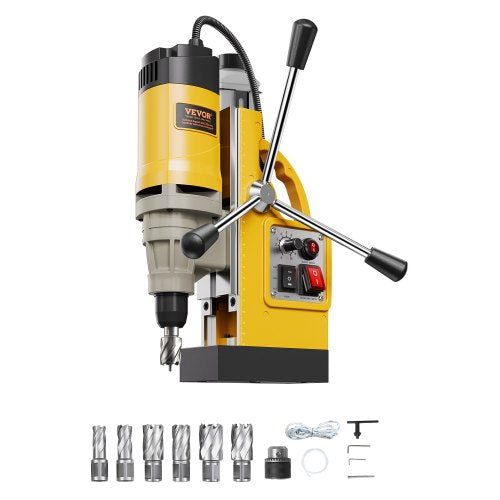 Magnetic Drill, 1400W Motor 2 in Boring Diameter, 2878 lbf Electric Mag Drill Press, with 6 Coring Bits, Variable Speed, Drilling Machine for Metal Surface, Home Improvement Industry, Yellow