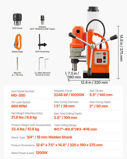 Magnetic Drill Press, 1200 W, 38 mm Boring Diameter, 10000N Power Mag Drill Press, 900 RPM Speed, with Weldon Shank, Efficient Cooling, for Metal Surface, Industrial and Home Improvement