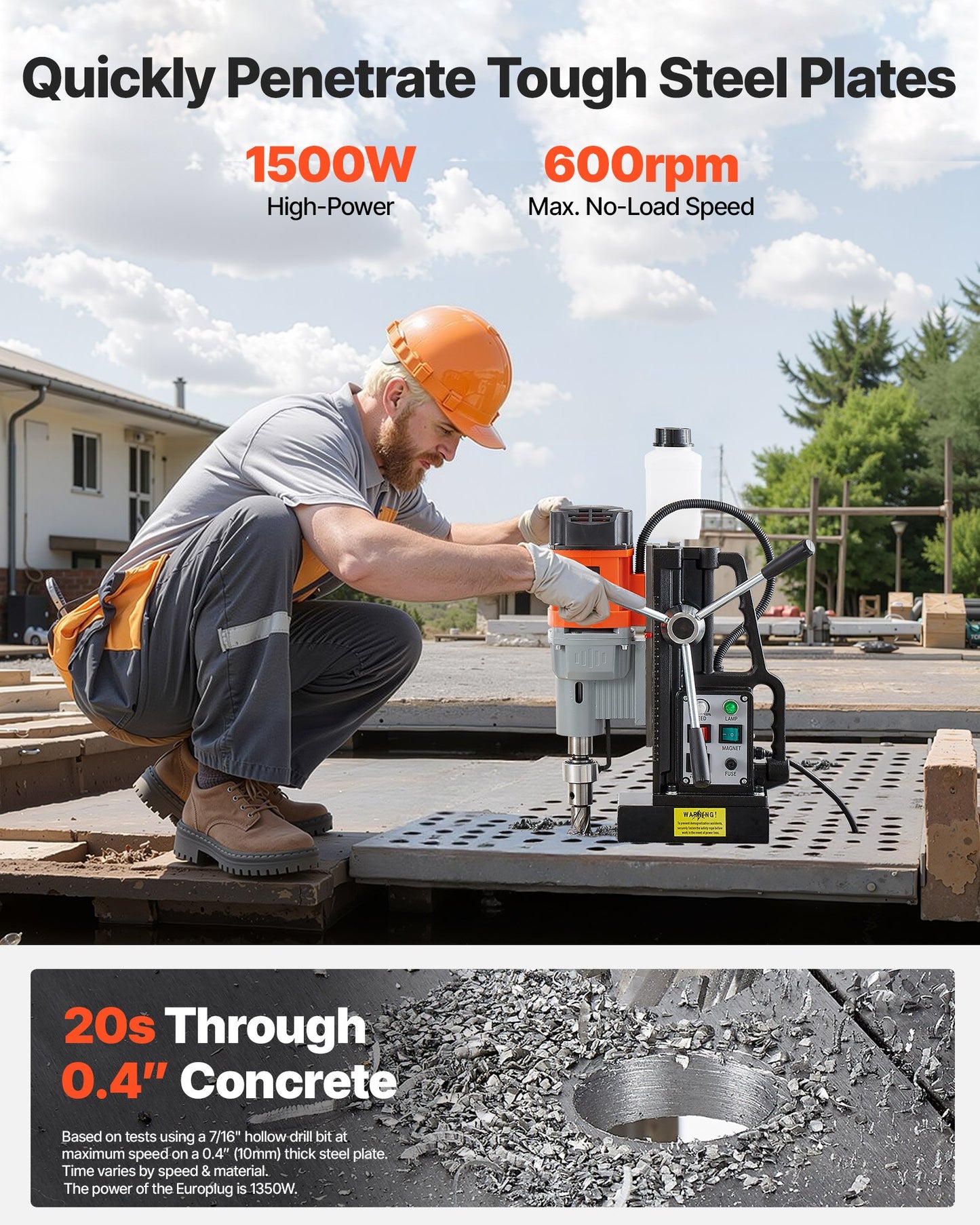 Magnetic Drill Press, 1500 W, 60 mm Boring Diameter, 13000N Power Mag Drill Press, 0-600 RPM Adjustable Speed, Morse Taper, M3-M16 Tapping, for Metal Surface, Industrial and Home Improvement