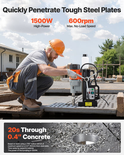 Magnetic Drill Press, 1500 W, 60 mm Boring Diameter, 13000N Power Mag Drill Press, 0-600 RPM Adjustable Speed, Morse Taper, M3-M16 Tapping, for Metal Surface, Industrial and Home Improvement