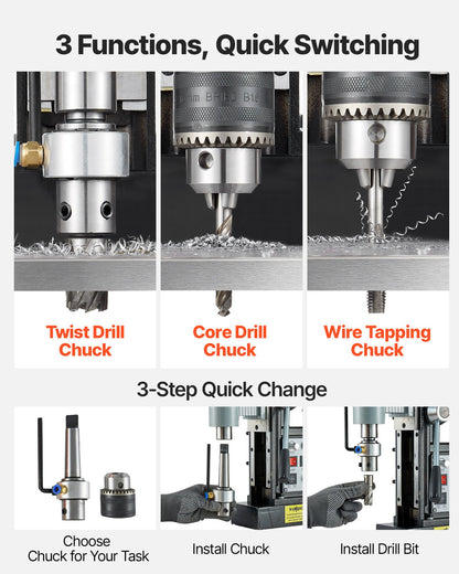 Magnetic Drill Press, 1500 W, 60 mm Boring Diameter, 13000N Power Mag Drill Press, 0-600 RPM Adjustable Speed, Morse Taper, M3-M16 Tapping, for Metal Surface, Industrial and Home Improvement