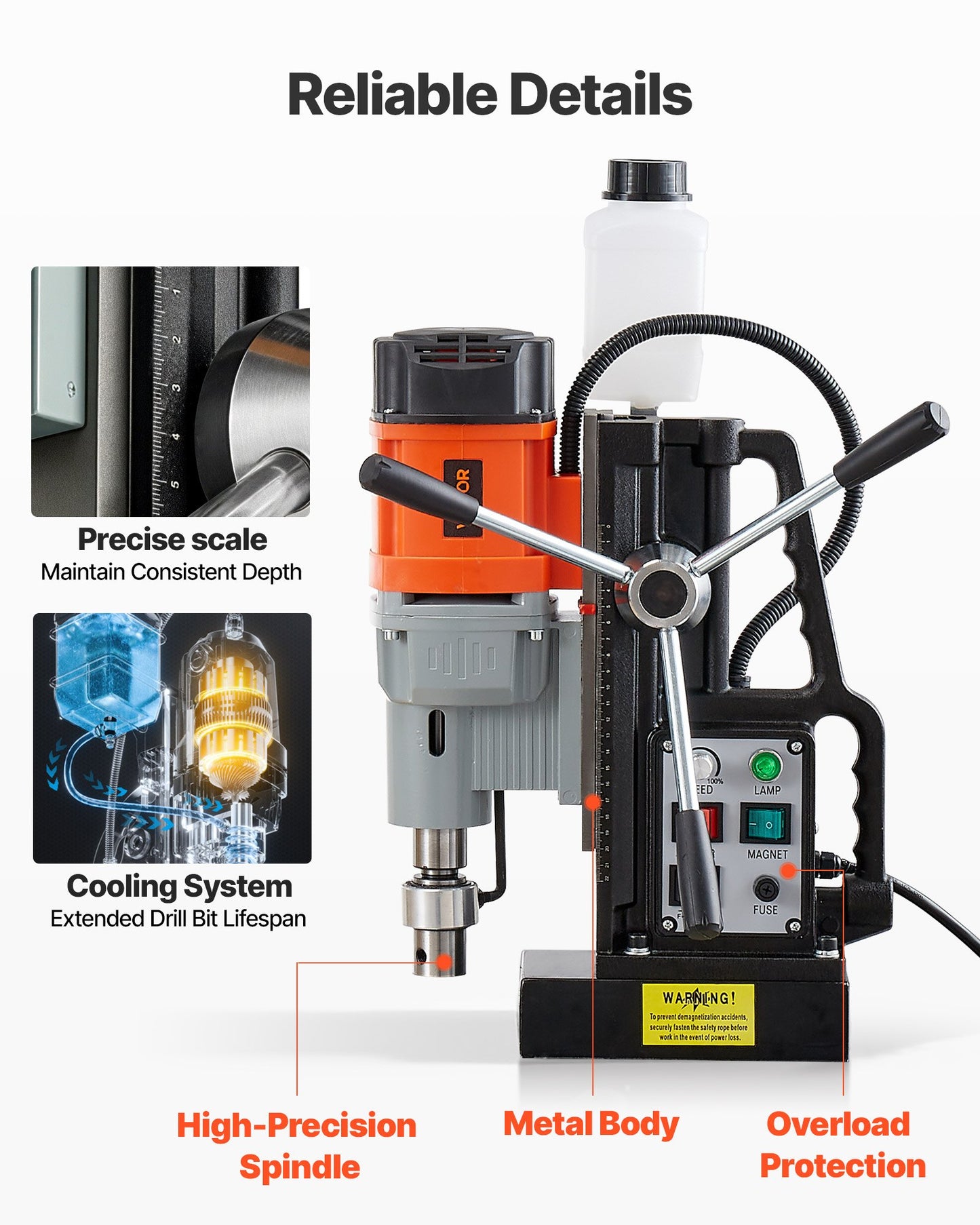 Magnetic Drill Press, 1500 W, 60 mm Boring Diameter, 13000N Power Mag Drill Press, 0-600 RPM Adjustable Speed, Morse Taper, M3-M16 Tapping, for Metal Surface, Industrial and Home Improvement