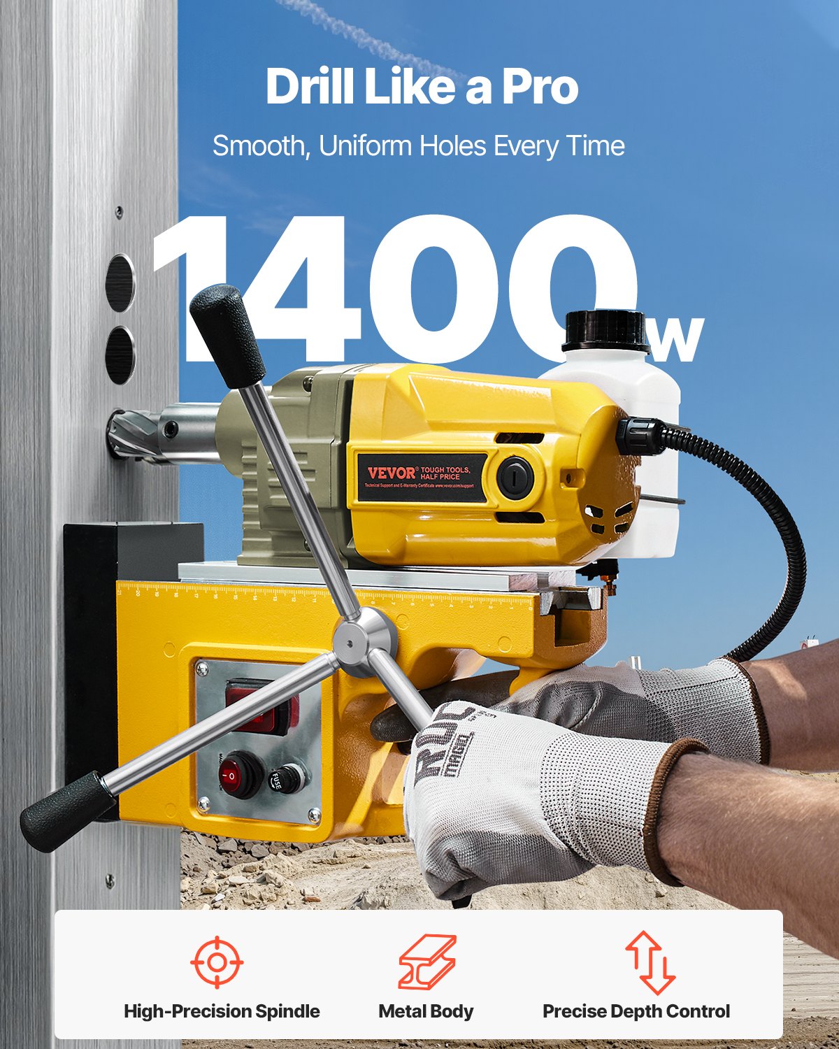 Magnetic Drill, 1400W Motor 1.6 in Boring Diameter, 2810 lbf Portable Electric Mag Drill Press, 800 RPM No-Load Speed, Drilling Machine for Metal Surface, Industrial and Home Improvement