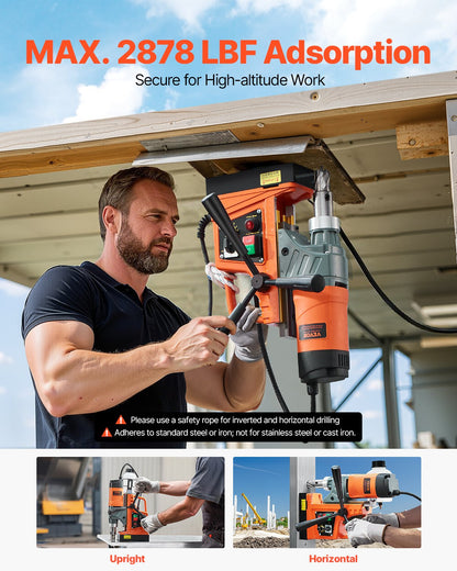 Magnetic Drill, 1450W Motor 2 in Boring Diameter, 2878 lbf Portable Electric Mag Drill Press, with 6 Coring Bits, Variable Speed, Drilling Machine for Metal Surface, Home Improvement Industry