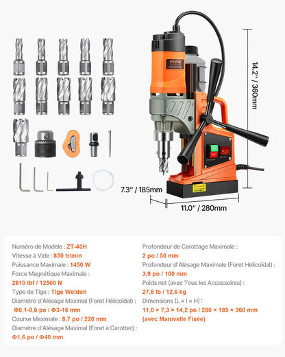 Magnetic Drill, 1450W Motor 1.6 in Boring Diameter, 2810 lbf Portable Electric Mag Drill Press, with 11 Coring Bits, 850 RPM Speed, Drilling Machine for Metal Surface, Home Improvement Industry
