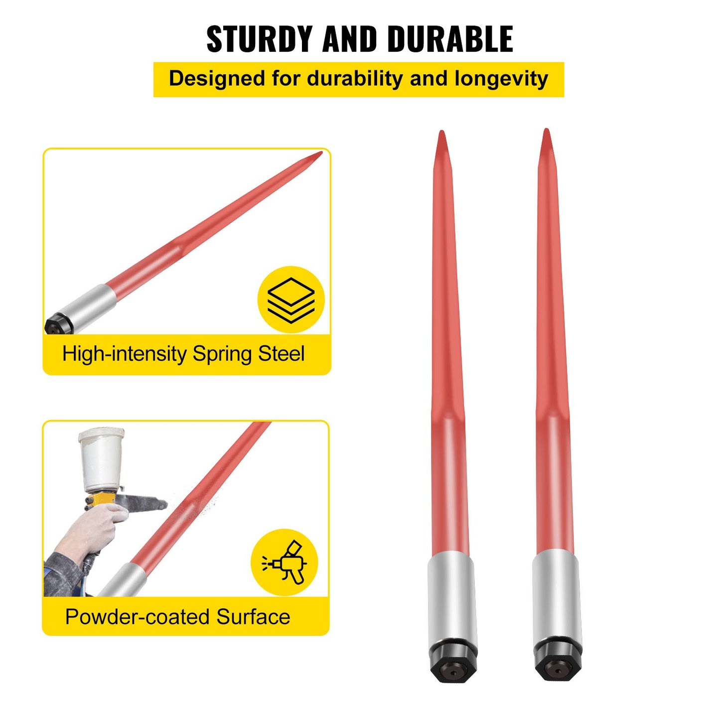 Par höspjut 43" balspjut 3000 lbs kapacitet, balspjut snabbfäste fyrkantiga höbalspjut 1 3/4", rödlackerade balgafflar, balhöspjut med sexkantsmutter och hylsa för skopor, traktorer och lastare