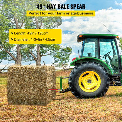 Hay Spear 49" Bale Spear 4500 lbs Capacity, Bale Spike Quick Attach Square Hay Bale Spears 1 3/4" wide, Red Coated Bale Forks, Bale Hay Spike with Hex Nut & Sleeve for Buckets Tractors Loaders