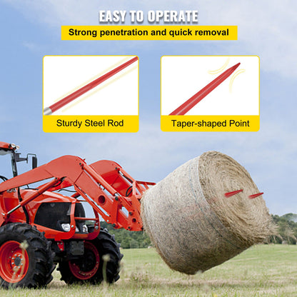 Hay Spear 49" Bale Spear 4500 lbs Capacity, Bale Spike Quick Attach Square Hay Bale Spears 1 3/4" wide, Red Coated Bale Forks, Bale Hay Spike with Hex Nut & Sleeve for Buckets Tractors Loaders