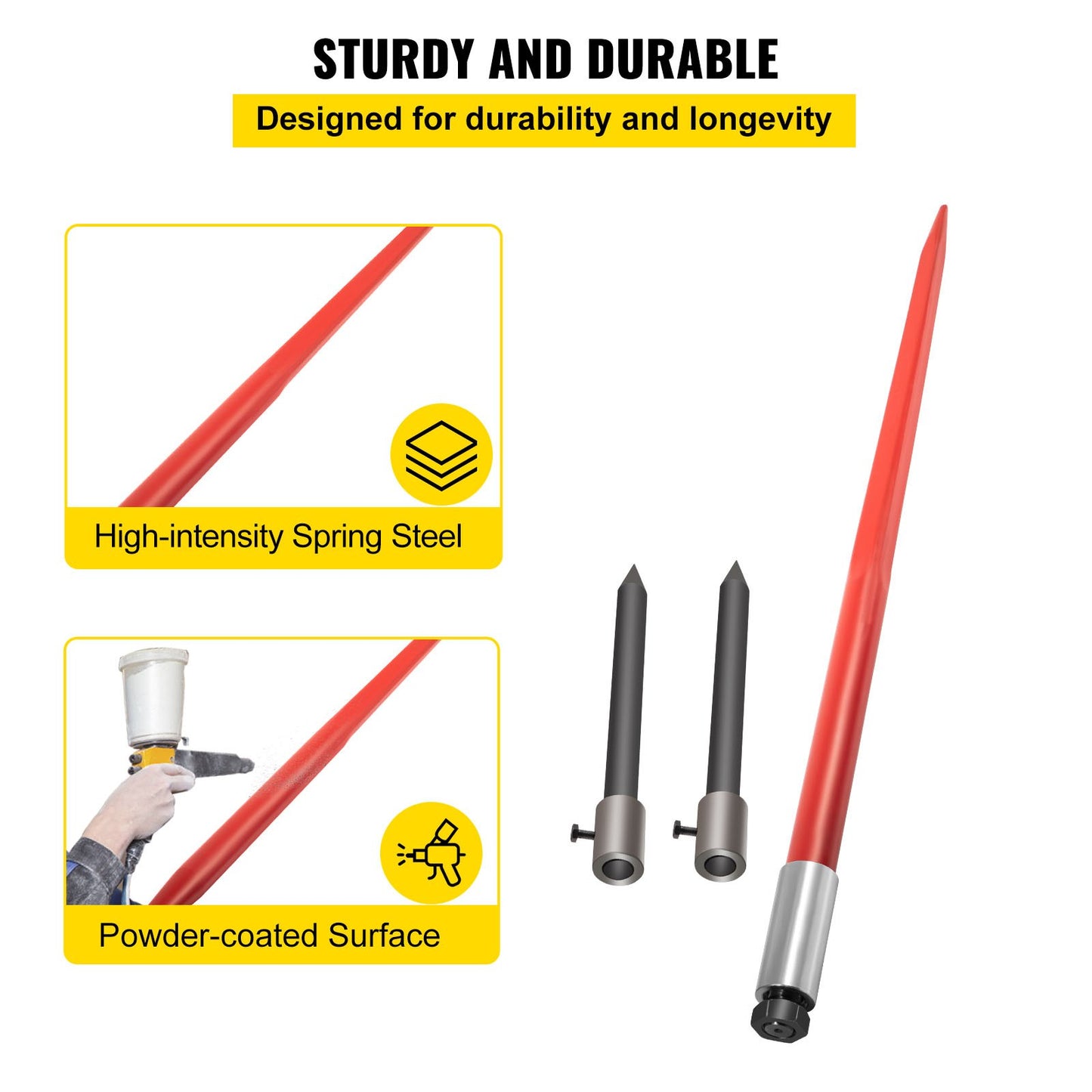 Hay Spear 49" Bale Spear 3000 lbs Capacity, Bale Spike Quick Attach Square Hay Bale Spears, Red Coated Bale Forks, Bale Hay Spike with 2 Stabilizer Spears