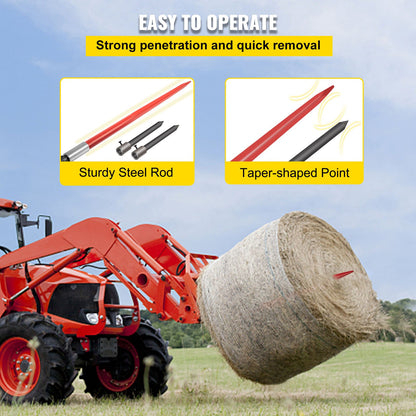 Hay Spear 49" Bale Spear 3000 lbs Capacity, Bale Spike Quick Attach Square Hay Bale Spears, Red Coated Bale Forks, Bale Hay Spike with 2 Stabilizer Spears