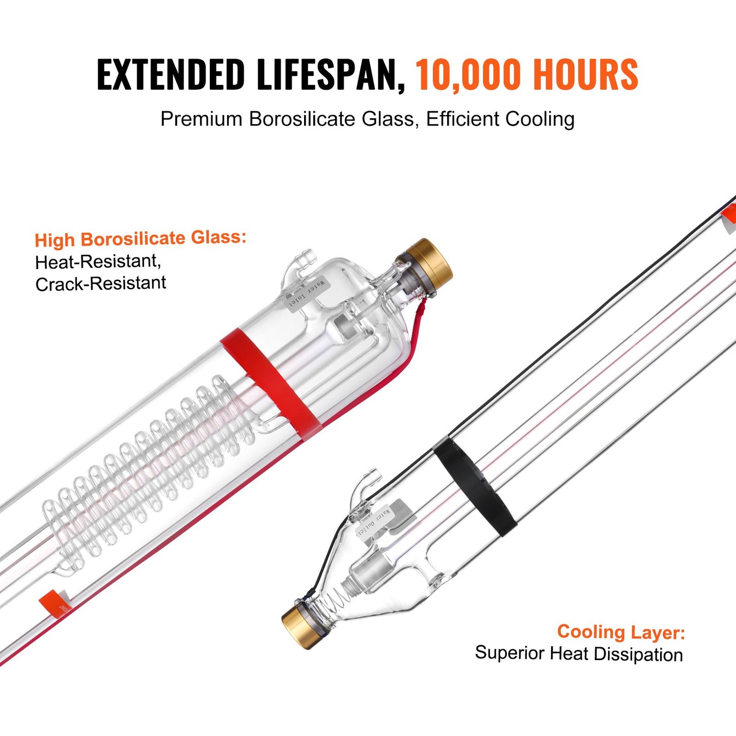 100 W CO2-laserrör, 1450 mm längd, 80 mm diameter på borsilikatglas med laserskärrör och metallhuvud, 10 000 timmars ledningar förkopplade för lasergravyr och skärmaskin