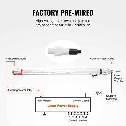 100 W CO2-laserrör, 1450 mm längd, 80 mm diameter på borsilikatglas med laserskärrör och metallhuvud, 10 000 timmars ledningar förkopplade för lasergravyr och skärmaskin