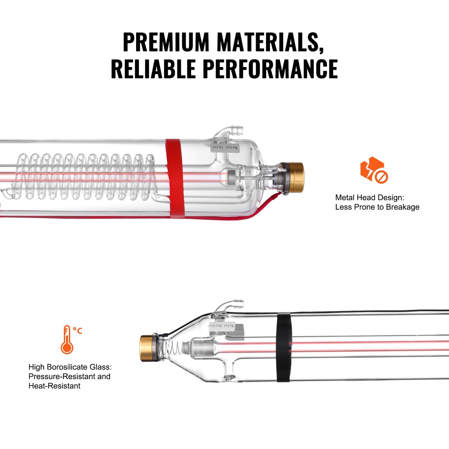 100 W CO2-laserrör, 1450 mm längd, 80 mm diameter på borsilikatglas med laserskärrör och metallhuvud, 10 000 timmars ledningar förkopplade för lasergravyr och skärmaskin