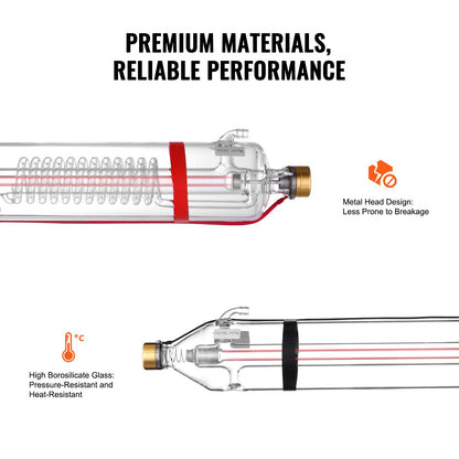 100 W CO2-laserrör, 1450 mm längd, 80 mm diameter på borsilikatglas med laserskärrör och metallhuvud, 10 000 timmars ledningar förkopplade för lasergravyr och skärmaskin