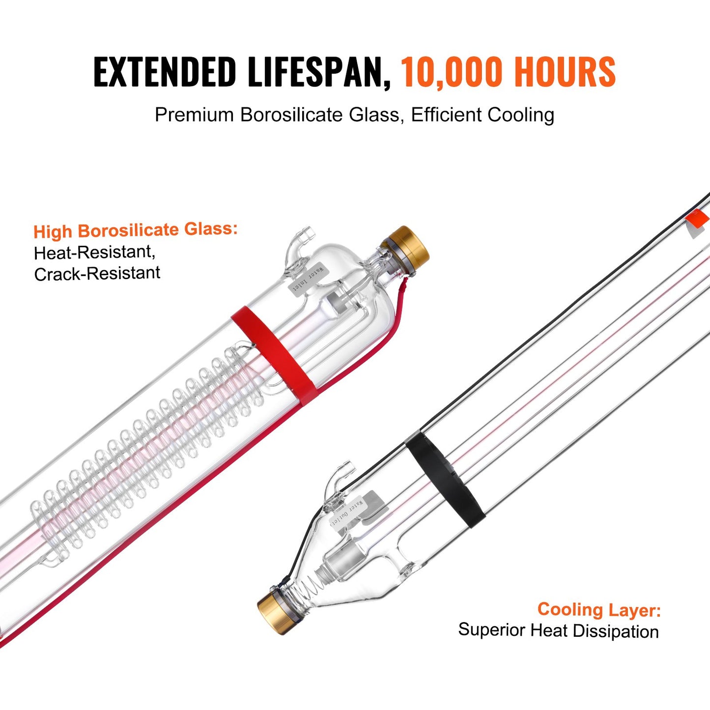 130 W CO2-laserrör, 65 tum (1650 mm) längd, 3,1 tum (80 mm) diameter, laserskärrör i borsilikatglas med metallhuvud, 10 000 timmars kablar förkopplade för lasergravyr/skärmaskin