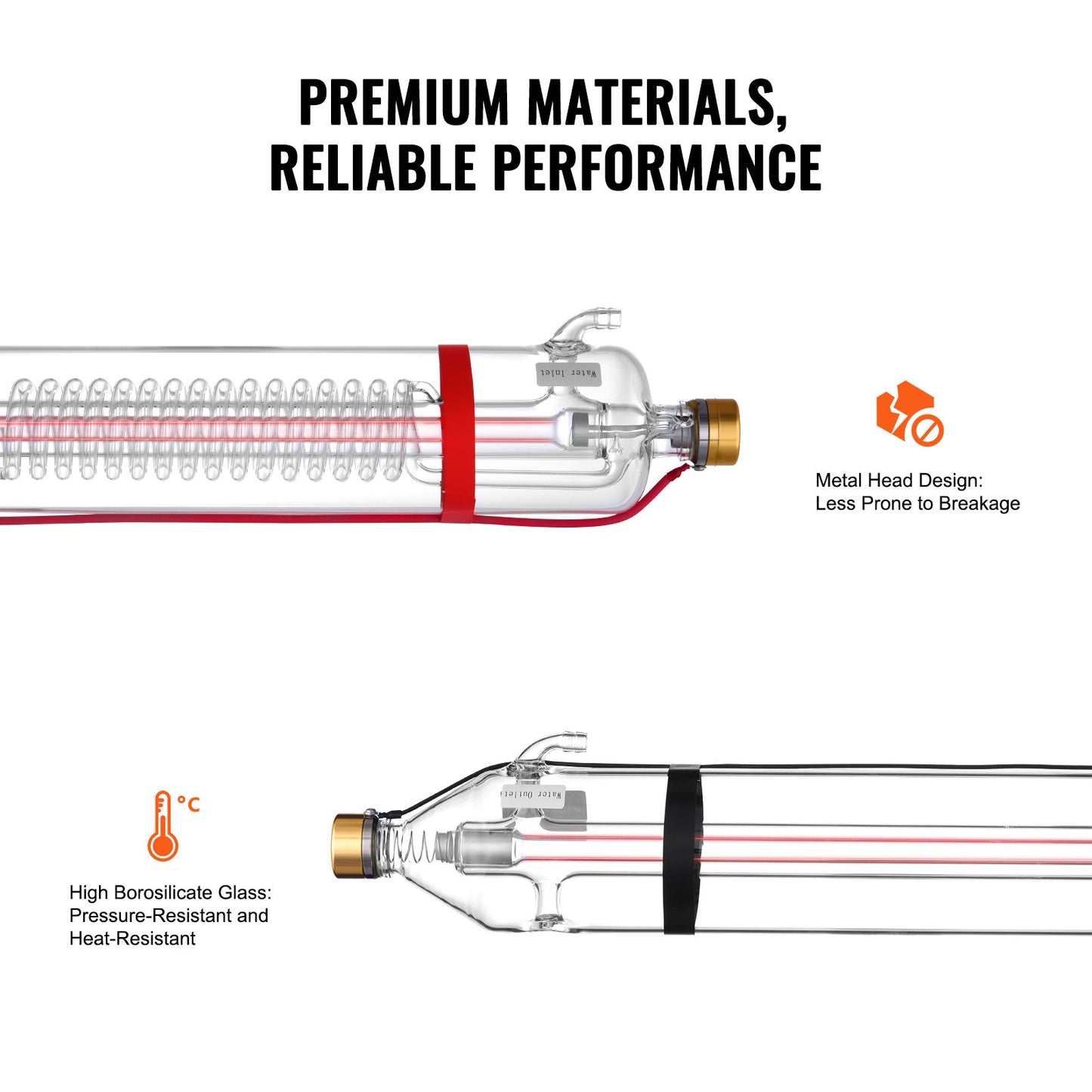 130 W CO2-laserrör, 65 tum (1650 mm) längd, 3,1 tum (80 mm) diameter, laserskärrör i borsilikatglas med metallhuvud, 10 000 timmars kablar förkopplade för lasergravyr/skärmaskin
