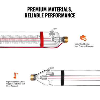 130 W CO2-laserrör, 65 tum (1650 mm) längd, 3,1 tum (80 mm) diameter, laserskärrör i borsilikatglas med metallhuvud, 10 000 timmars kablar förkopplade för lasergravyr/skärmaskin