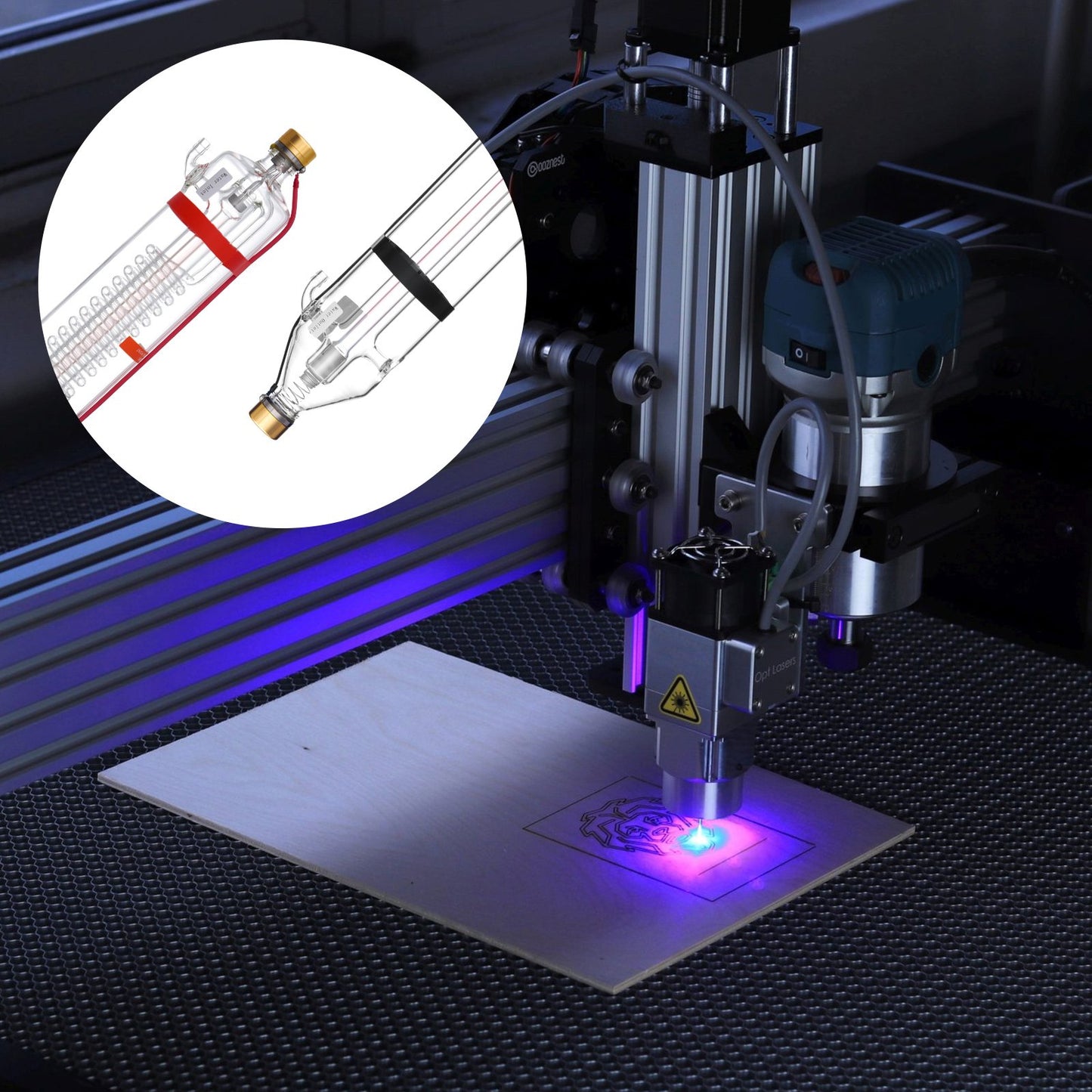 130 W CO2-laserrör, 65 tum (1650 mm) längd, 3,1 tum (80 mm) diameter, laserskärrör i borsilikatglas med metallhuvud, 10 000 timmars kablar förkopplade för lasergravyr/skärmaskin