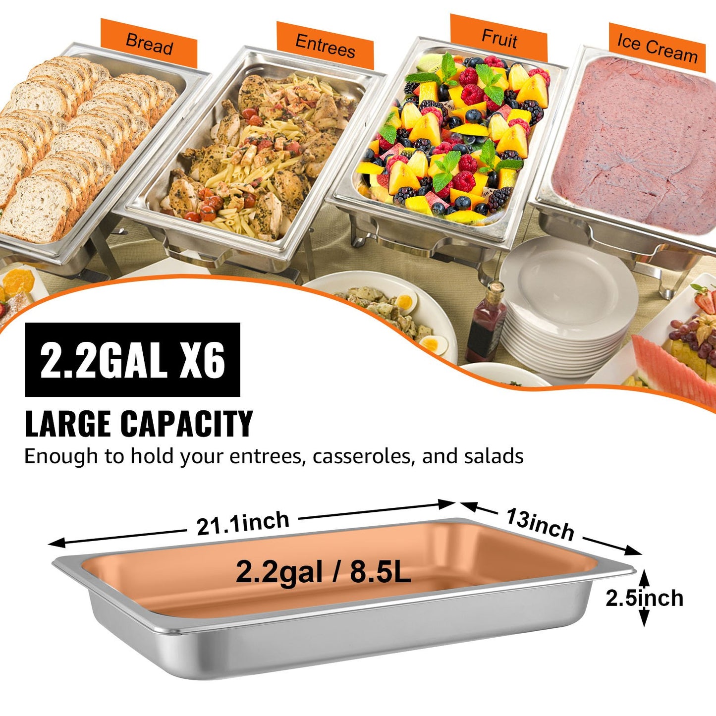 6 Pack Steam Table Pans 20.9 x 12.8 x 2.6 Inch Deep Steam Table Pan Full Size 8.5L Deep Food Container Stainless Steel Oven Tray Hotel Pans Anti-Jam Steam Table Food Pan